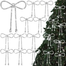 12 Pcs Rhinestone Christmas Bows Ornaments Metal Glitter Bow Hanging Ornament...