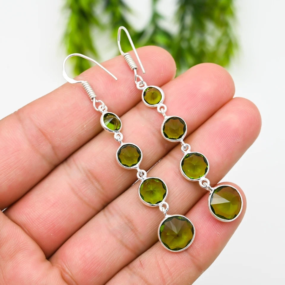 Green Peridot Gemstone 925 Sterling Silver Handmade Jewelry Earring Gift For Her - Image 4 of 4