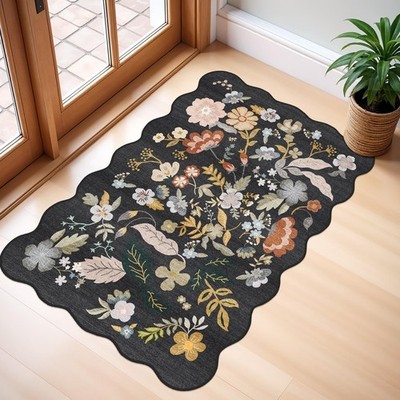2x3 Rug Scalloped Runner for Entryway: Washable Non Slip Floral Bathroom Area...