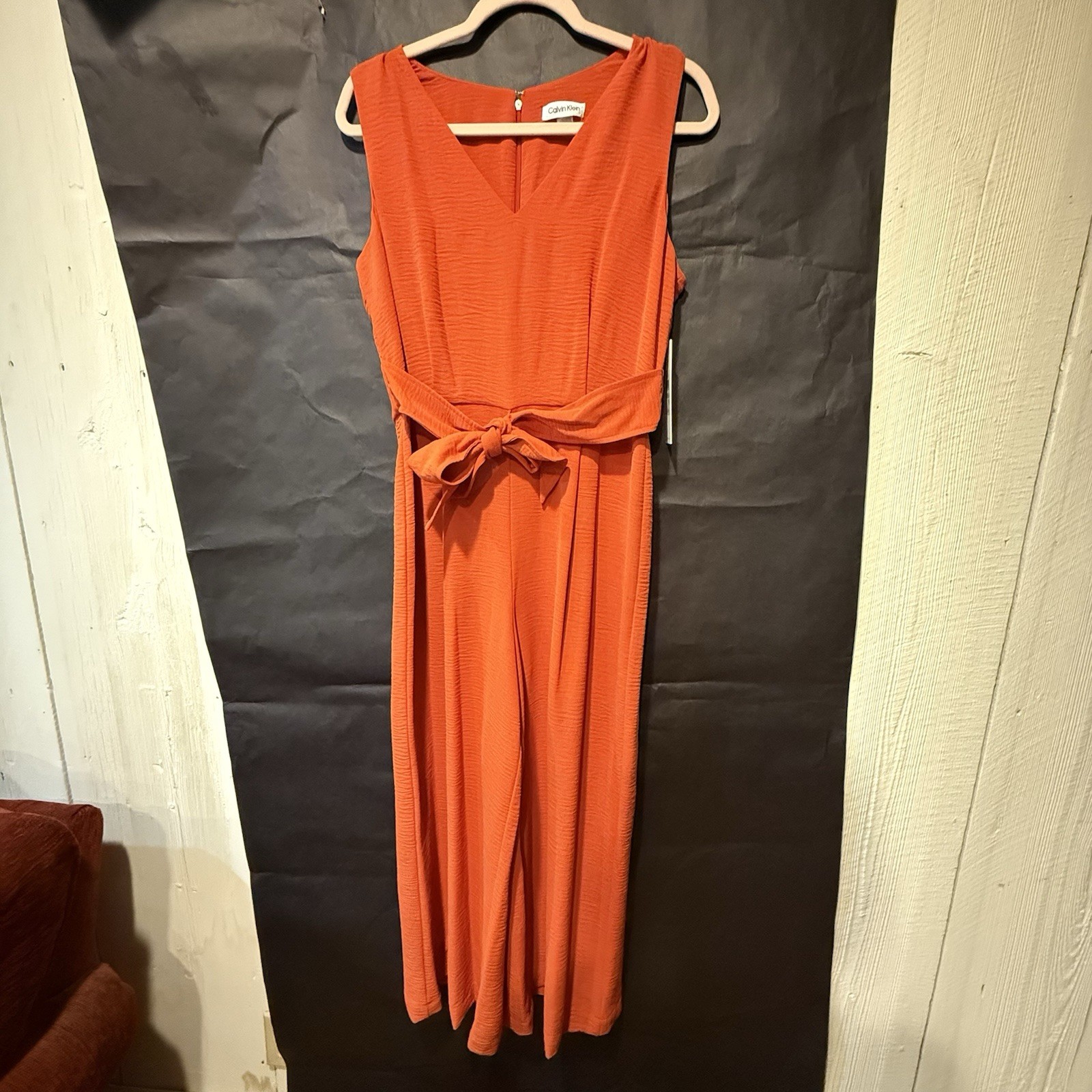 NEW! Calvin Klein Women's 8 Sleeveless Belted Commuter Jumpsuit Orange MSRP $139 thumbnail 5