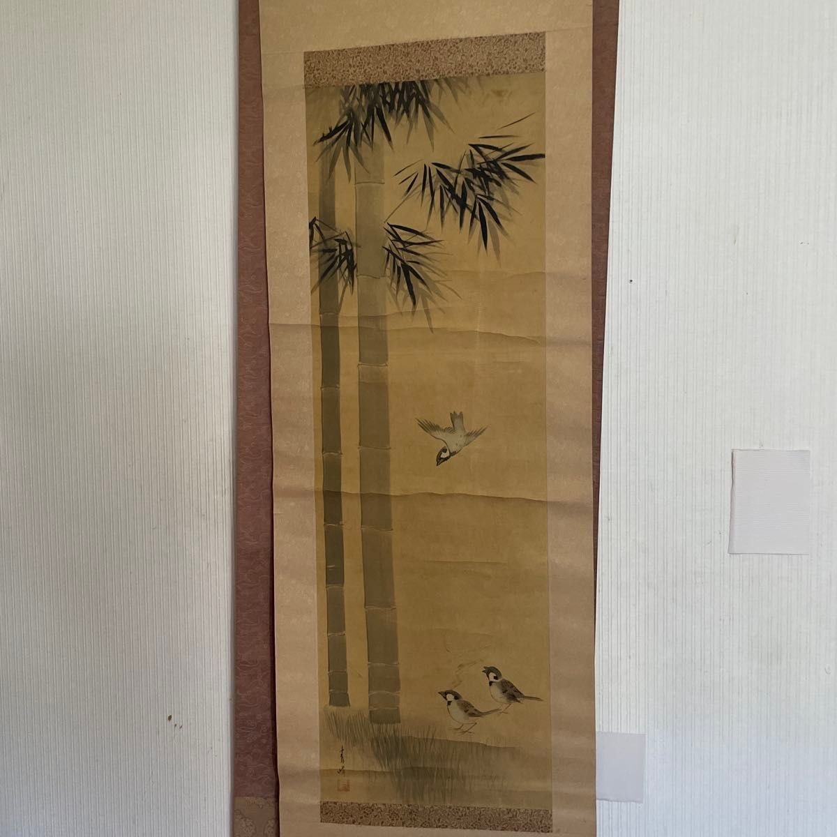 Bamboo and Sparrow Ink Painting Hanging Scroll Japanese Room Decor Brown