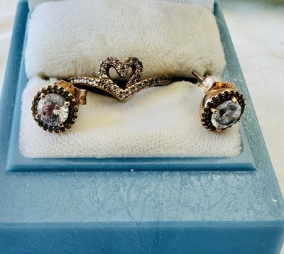 Pandora ALE MET 50 Pavé Heart Ring Sz 5.5 & Halo Stud Earrings Set