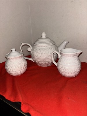 Beautiful Teaware Porcelain Teapot Set Embossed Pattern Tea Party - Estate Find