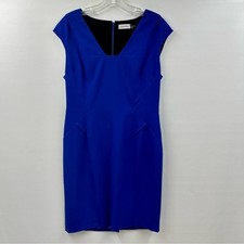 Calvin Klein Sheath Dress V Neck Back Zip Cap Sleeve Blue Career Size 10