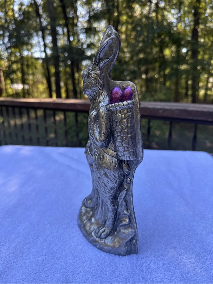 Primitive Antique Vtg Tin Style Easter Bunny Rabbit Silver Resin 11" high - Image 2 of 4