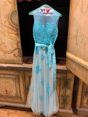 turquoise designer dress Jovani 08340 Turquoise High Slit Low Back Dress