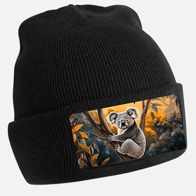 Black Cool Koala Print Beanie Hat - Unisex Cap, Cotton