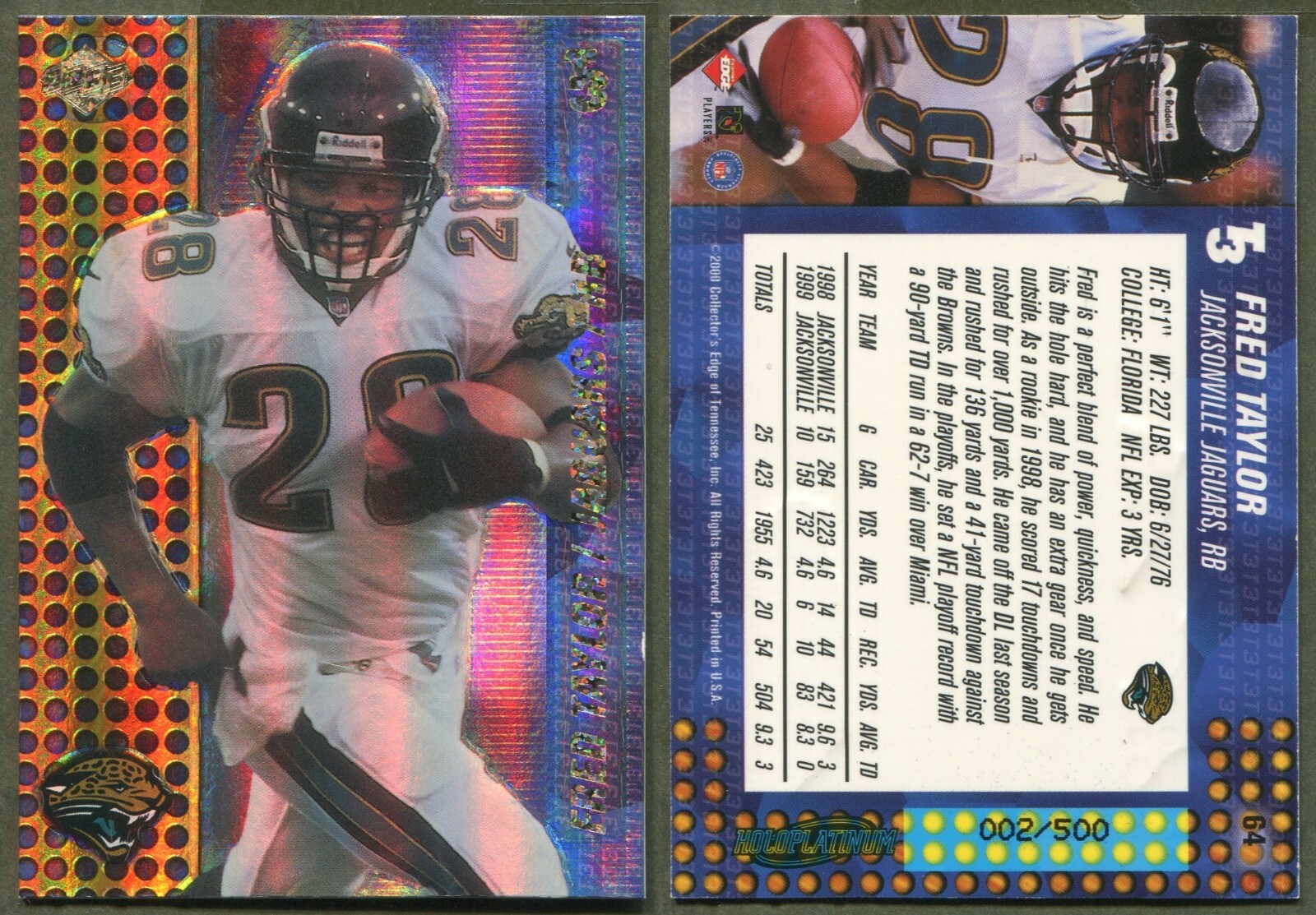 2000 Collector's Edge T3 - HoloPlatinum #64 Fred Taylor - Jacksonville (002/500)