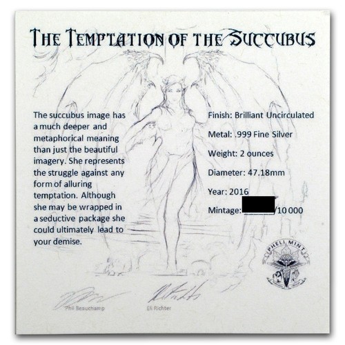 2016 TEMPTATION OF THE SUCCUBUS 2 OZ .999 PURE SILVER ROUND COIN PHELI MINT GIRL - Picture 3 of 3