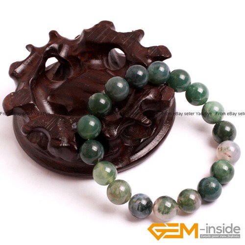 Natural Green Moss Agate Gemstone Charm Round Beaded Stretch Bracelet Jewelry 7" - Picture 24 of 30