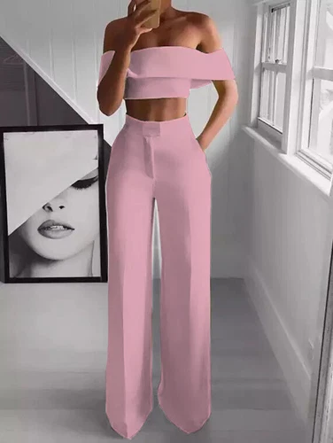 Womens Elegant Two Piece Suit Boat Neck Crop Tops Wide Leg Pants Casual Party - Picture 5 of 13