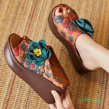 Women's Platform Wedge Heel Slippers Ethnic Style Printing Flower Summer Thick