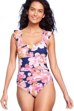 Kona Sol Full Coverage Floral Raffle Sleeve V-Back One Swimsuit L (12-14)