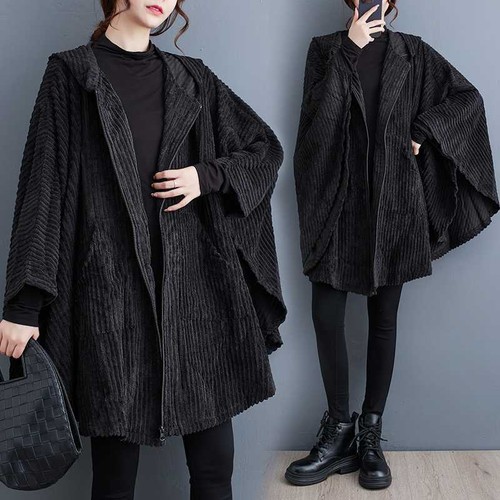 Giacca donna velluto a coste cappuccio mantello poncho scialle avvolgente mantello casual cappotto - Foto 2 di 7