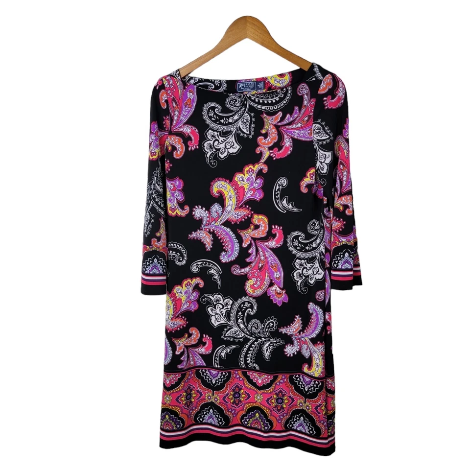 Vestido de fiesta American Living talla 8 elástico ajustado cachemir floral rosa negro Foto 2 de 4