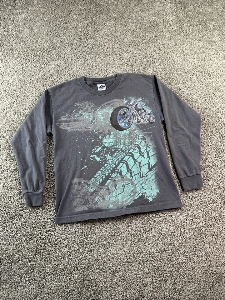 ВИНТАЖНАЯ мотоциклетная рубашка 90-х для мальчиков большая серая синяя шина протектор с длинным рукавом - Изображение 2 из 4