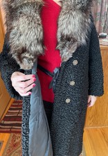 Black Woman's Russian Astrakhan Fur Coat With Silver Fox Collar Size16 L-xl