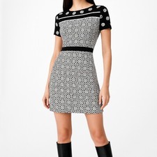 Vintage Y2K Black White Printed Short Sleeve Knit Knee Length Dress Size M