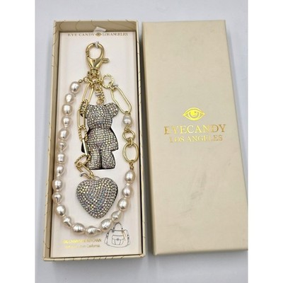 Eye Candy Los Angeles Teddy Bear Heart Pearl Rhinestone Bag Charm Keychain Gold