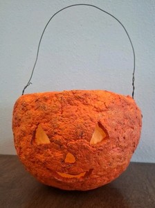 Vintage Halloween Paper Mache Jack O Lantern Pumpkin 6" Tall Handcrafted Pail