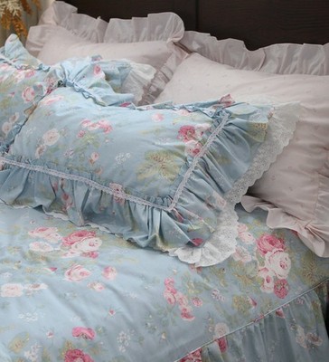 French Country Roses Floral Print Pillowcases Lace Ruffles Cotton Fabric 1 Pair