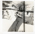 Woman Sweater Construction Site Holding Puppy Dog 1950's Photo Snapshot Vtg MCM — photo 1