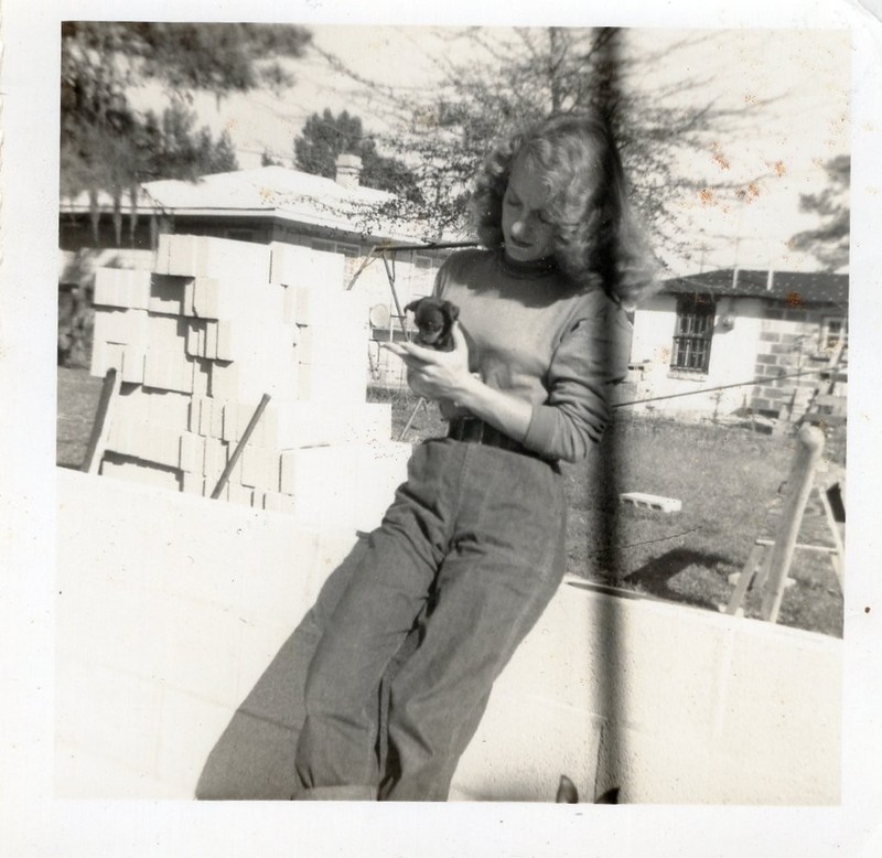 Woman Sweater Construction Site Holding Puppy Dog 1950's Photo Snapshot Vtg MCM