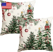 Green Christmas Trees Red Balls Star Throw Pillow Covers, 18 X 18 Inch Seasonal 