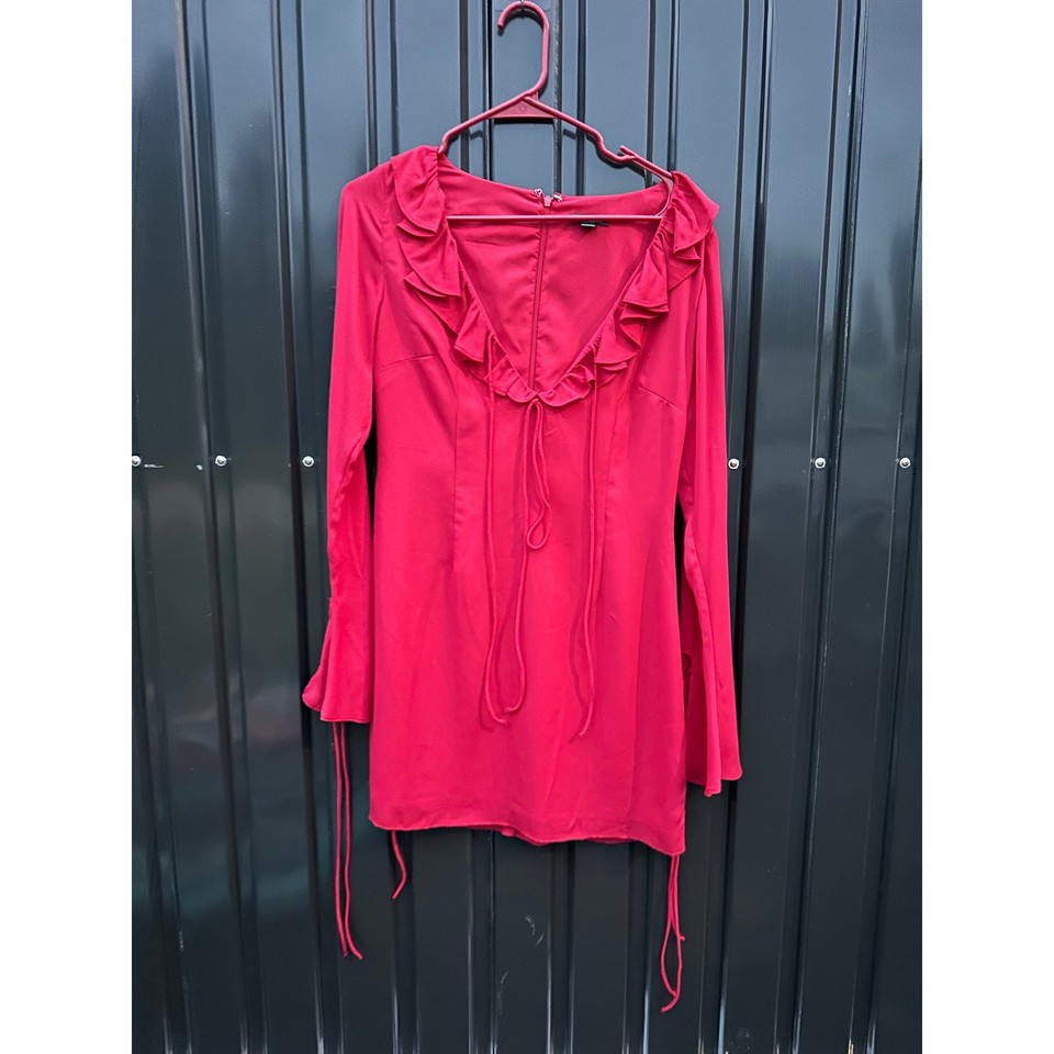 Wild Fable Red Long Sleeve Ruffle V-Neck Mini Dress with Tie Details Size Small
