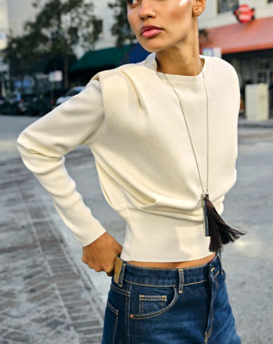 Zara Ivory Knit Pullover Sweater Crew Neck Long Sleeve Shoulder Pads Women's M