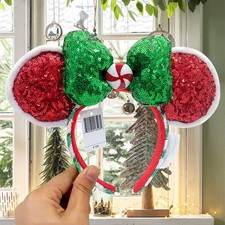 Disney- Parks Christmas Peppermint Ear Twist Green Red Sequin Headband Xmas Gift