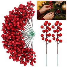 50 Pack Red Berry Stems Artificial Holly Berry Christmas Picks Sprays for Chr...