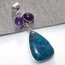 Large Blue Apatite Natural Amethyst 925 Silver Plated Pendant 2.1