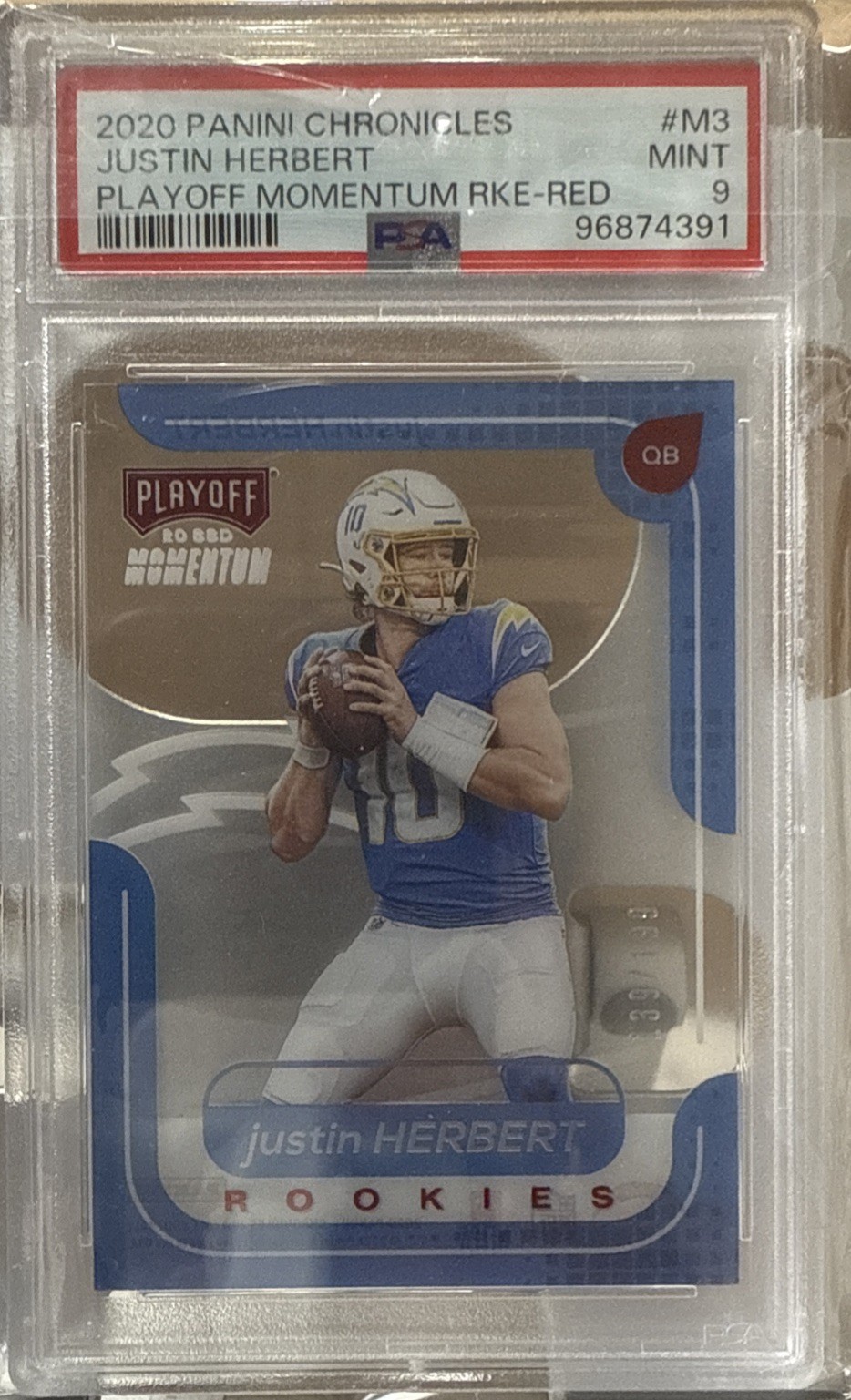 2020 Panini Chronicles Playoff Momentum Rookies M3 Justin Herbert PSA 9