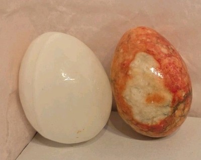 2 Polished Stone Eggs   Orange Marble & White Onyx Decorative Gemstones