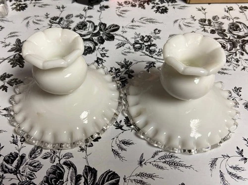 Pair Lovely Vintage Fenton Milk Glass Silver Crest Candlesticks Candle Holder