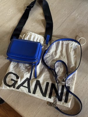 GANNI Blue Small Crossbody Bag Zip Logo, Adjustable Detachable Strap Dust Bag