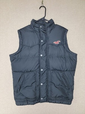 VTG~Y2K Hollister Men's Down Vest Black Full Zip/Snap Logo Size MED Feather Fill