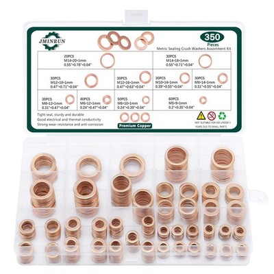 350 PCS Copper Metric Sealing Crush Washers Assortment Kit | 10 Sizes for A