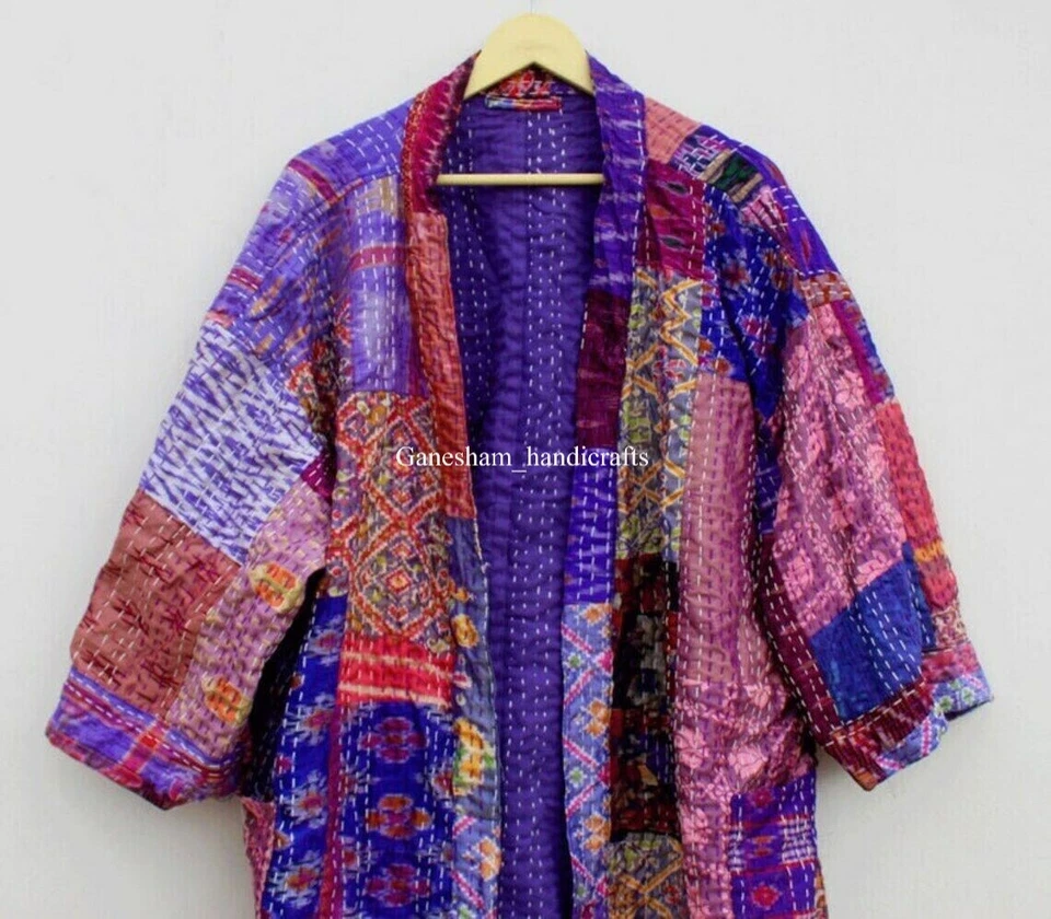 Silk patchwork handmade kantha jacket japanese kimono style kantha robe winter - Image 3 of 4