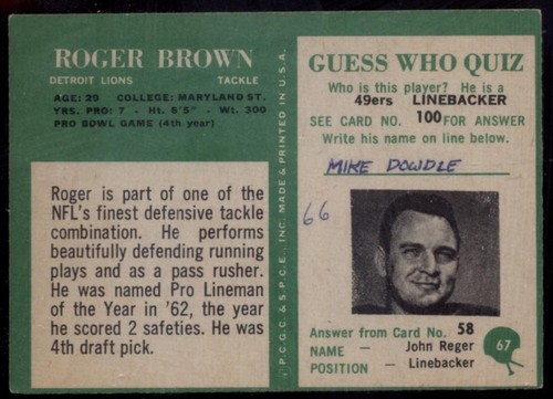 1966 PHILADELPHIA #67 ROGER BROWN (WRITING ON BACK) - Picture 2 of 2