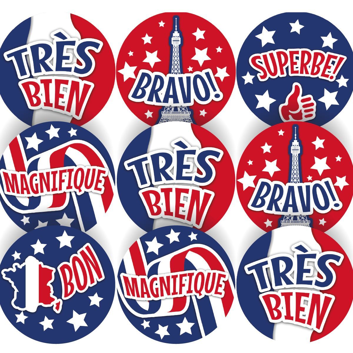144 French Colour Praise Words - 30mm - Glossy Reward Stickers