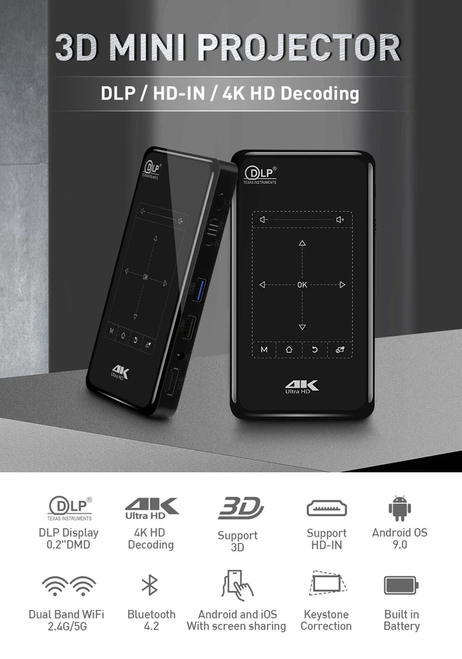 Mini Projector 4K Smart DLP Android WiFi Bluetooth 1080P Home Theater 8GB / 32GB - Image 2 of 4