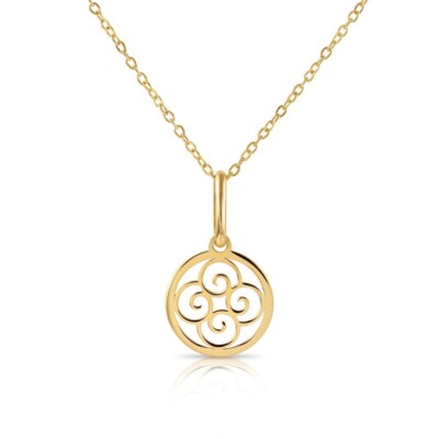 14K Real Solid Yellow Gold Quatrefoil Swirl Spiral Pendant Charm Necklace 18 in