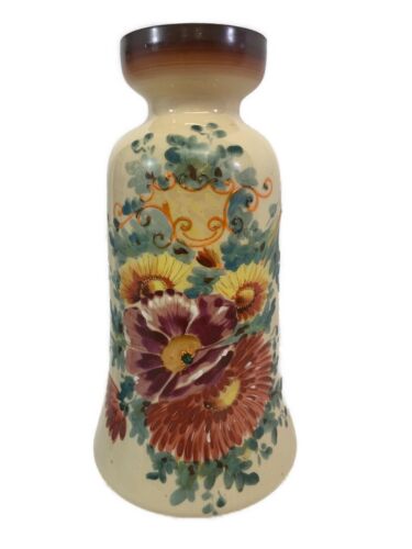 Vase en verre opaque antique victorien peint à la main avec des fleurs 34,5 cm de haut - Photo 1/8