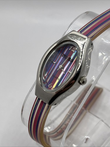 Vintage Mudd Teen's Watch Silver Case Stripped Plastic Band- New Battery - Picture 3 of 9