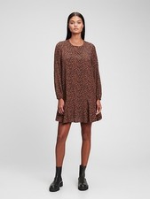 GAP Womens Flounce Hem Dress Small Brown Animal Print Long Sleeve Old Money