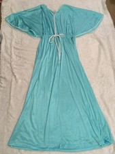 L Vtg VANITY FAIR Long Robe Batwing Dressing Gown Hostess House Dress Zips Aqua