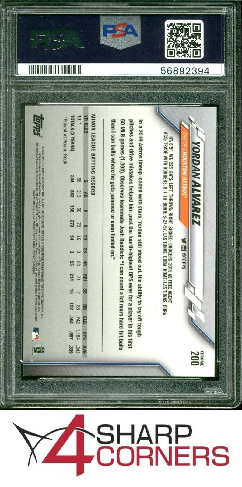 2020 TOPPS CHROME ALL-STAR ROOKIE #200 YORDAN ALVAREZ RC PSA 10 view 2