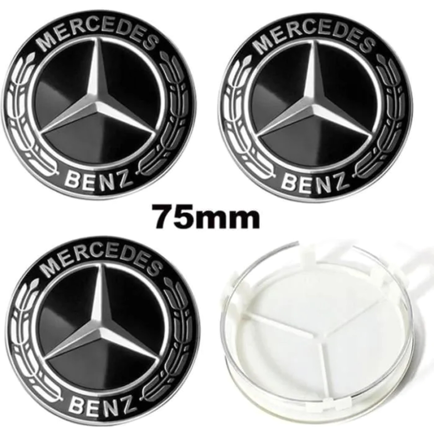 Cache moyeu 75mm noir Mercedes Benz logo jante alu pack de 4